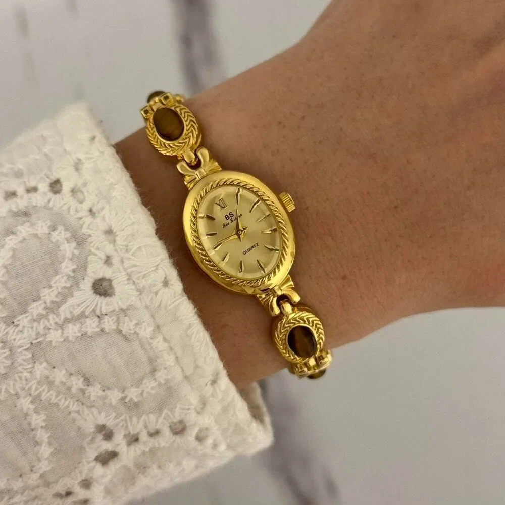 Sku0461‎ gold mini watch bracelet with brown natural stone inserts vintage style